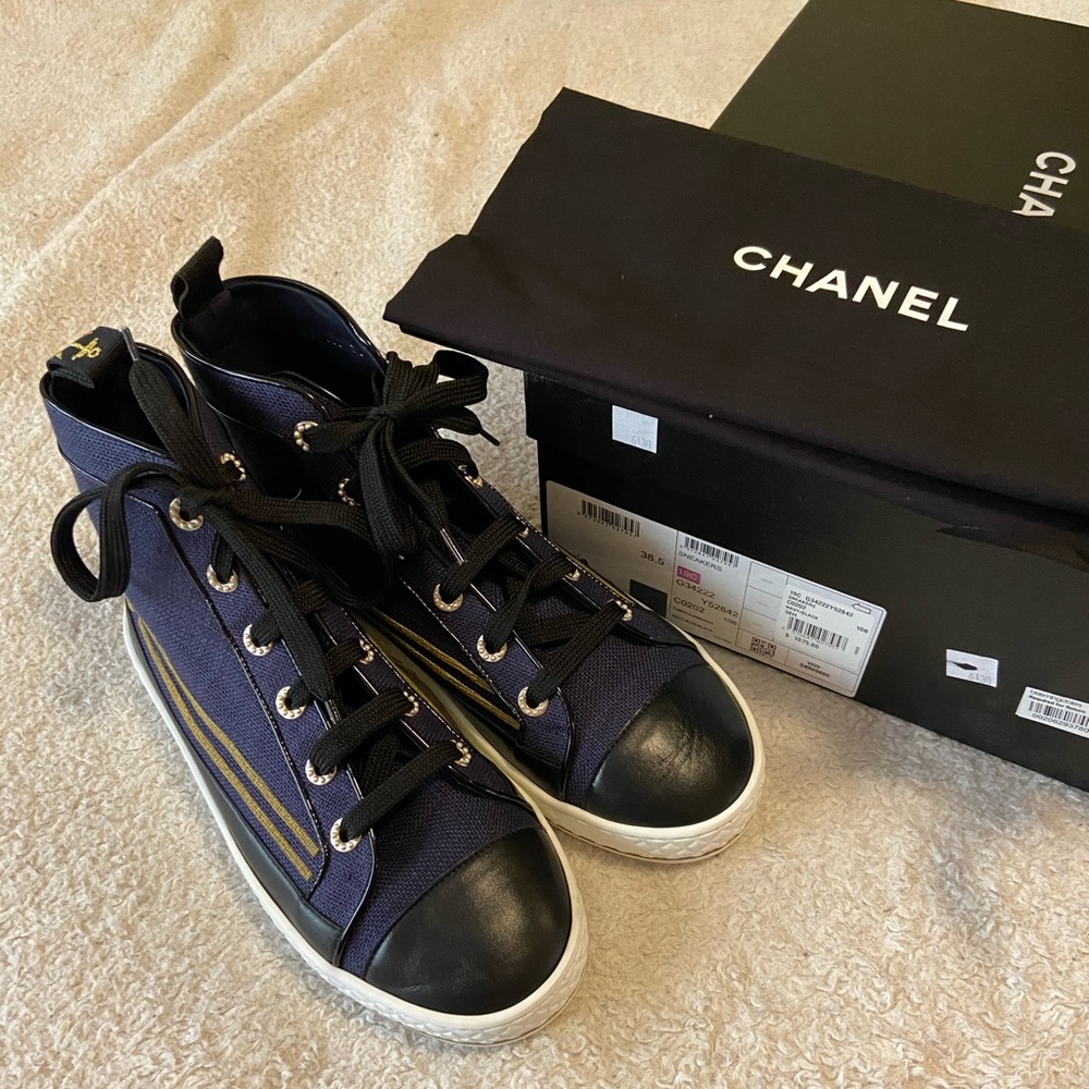 CHANEL Fabric Navy Sneakers